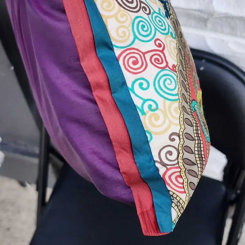 Pier 1 Boho Embroidered Silk Throw Pillow Purple Floral Patchwork Applique